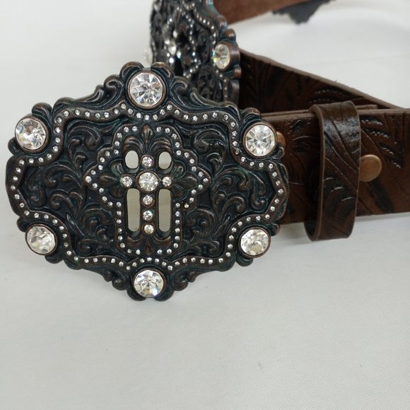 Tooled Leather Belt With Cross Buckle Rhinestone Conchos - Picture 3 of 9